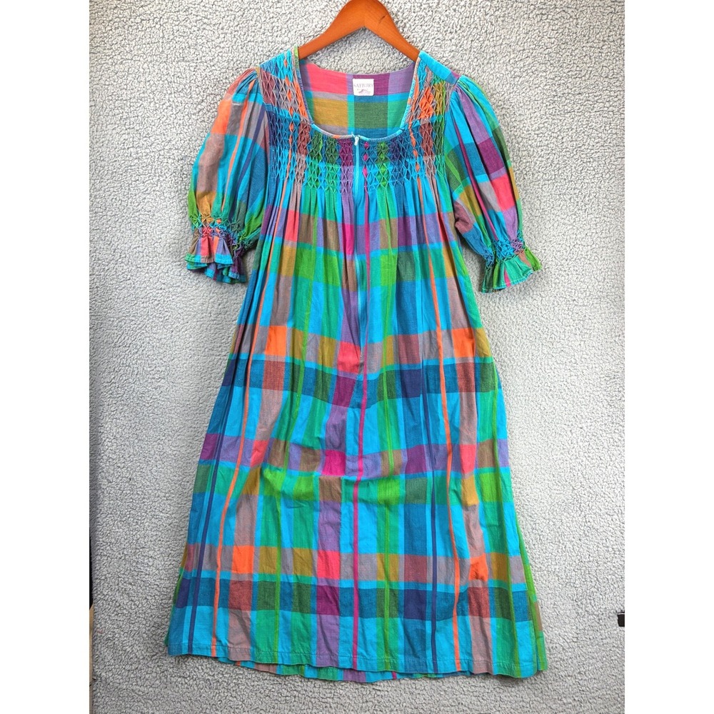 Saybury Madras Plaid Smocked Dress Womens S Blue Vintage 70s Maxi Bohemian